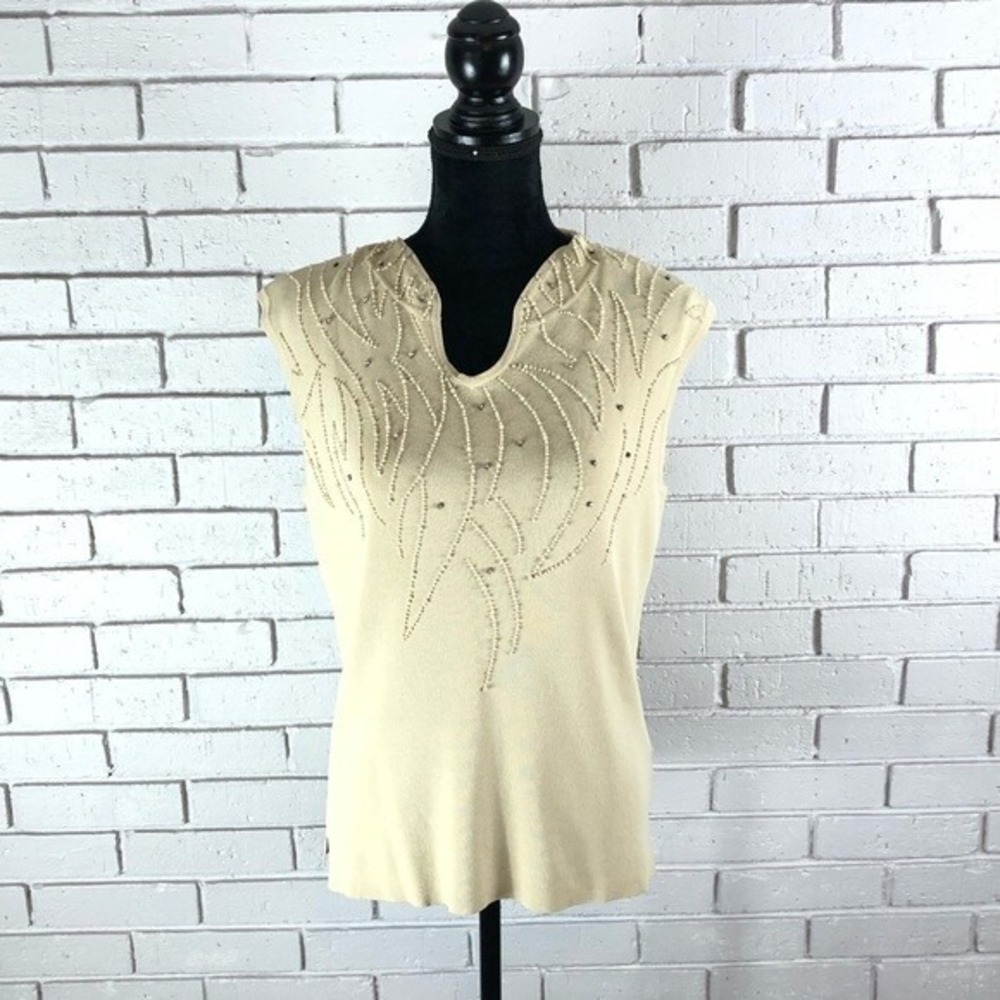 Betas Choice Cream Knit Sleeveless Top Faux Pearl Rhinestone Embellished Large